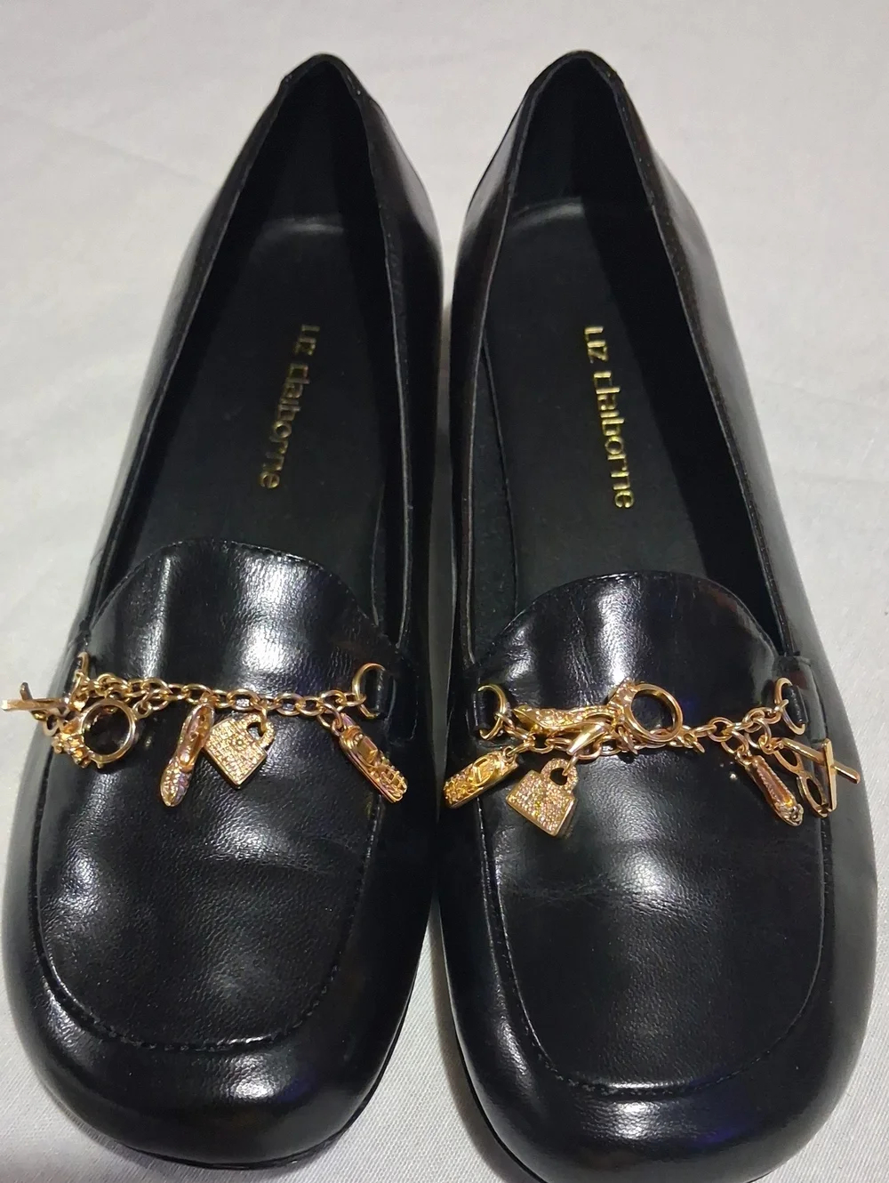 Liz Claiborne Black Leather Loafers with Gold Charm Chain